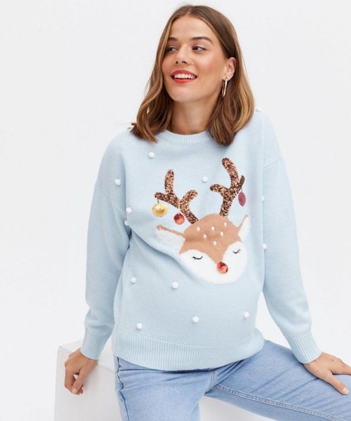 Maternity Blue Bobble Christmas Reindeer Jumper