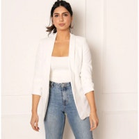 Ruched Sleeve Open Blazer In White