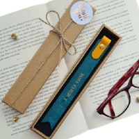 Custom Personalised Leather Bookmark with box, book and glasses.