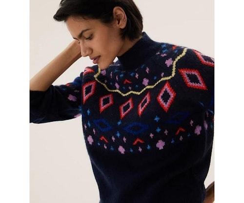Fair Isle Funnel Neck Jumper with Wool