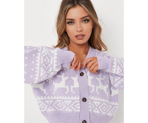 Lilac co ord reindeer repeat print crop knit cardigan