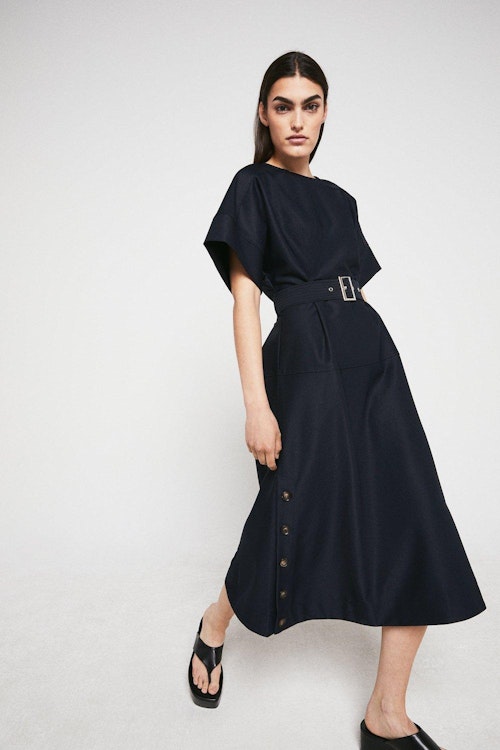 Warehouse, Navy Multi Stitch Belted A Line Dress, WAS £89 NOW £27