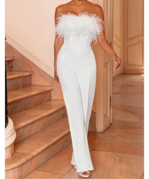 First Class White Bandeau Feather Wide Leg Jumpsuit