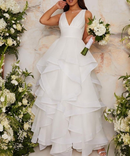 Bridal Plunge Neck Tiered Tulle Wedding Dress