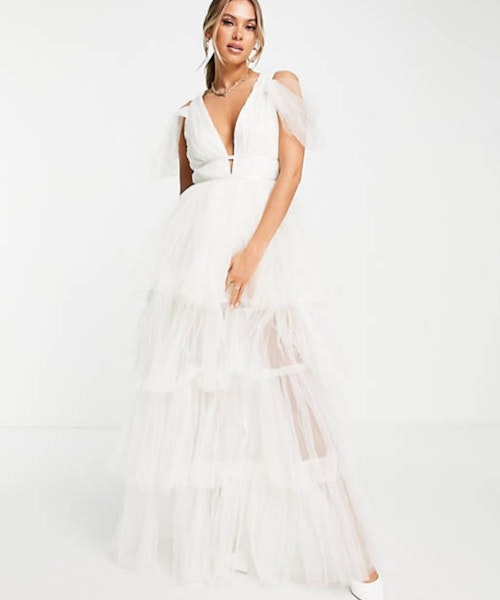 Lace & Beads Bridal Plunge Tulle Maxi Dress In Ivory