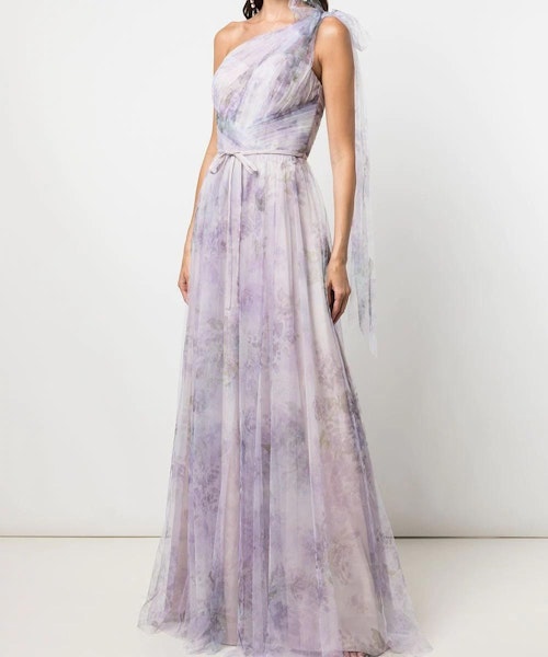 Marchesa Notte Floral-Print One-Shoulder Gown