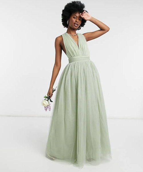 ASOS DESIGN Tulle Plunge Maxi Dress In Sage