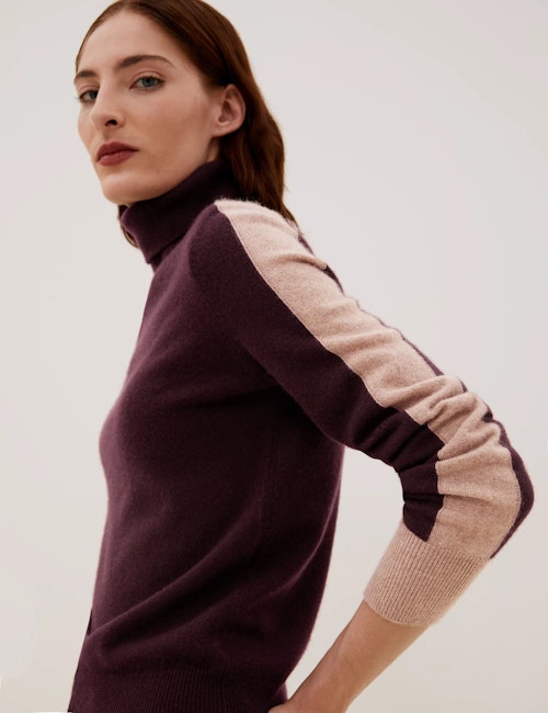 Pure Cashmere Striped Arm Roll Neck Jumper
