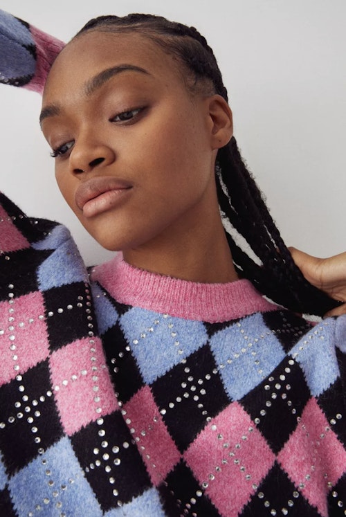 Warehouse Recycled Embellished Argyle Jumper