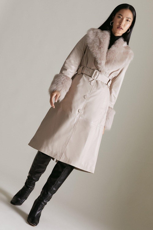 Karen Millen, Shearling Cuff And Collar Leather Coat, £550