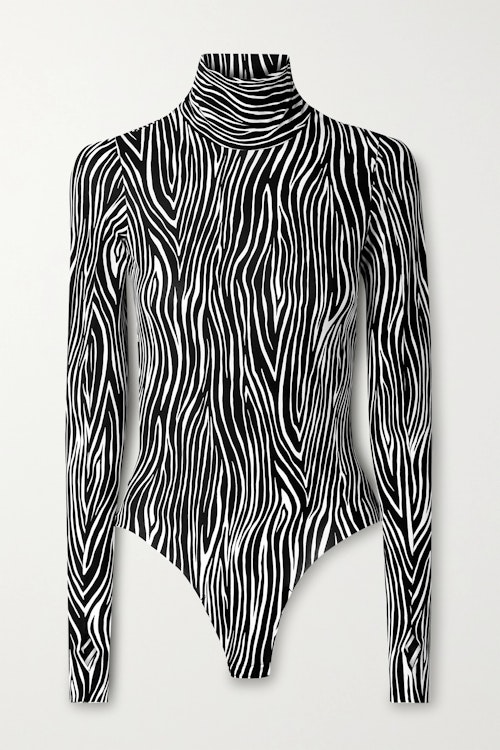 COMMANDO, Zebra-print stretch-jersey turtleneck thong bodysuit, £140