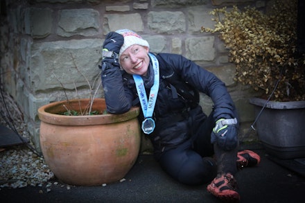 Women's winner Debbie Martin-Consani after finishing in Kirk Yetholm Women's winner Debbie Martin-Consani after finishing in Kirk Yetholm