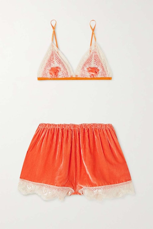 Sleeping With Jacques, Julia lace-trimmed silk-blend satin and velvet soft-cup bra and shorts set, £142