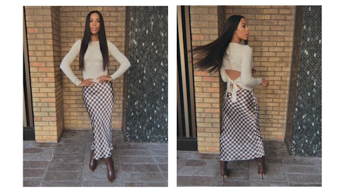 rochelle humes cream jumper brown gingham midi skirt this morning