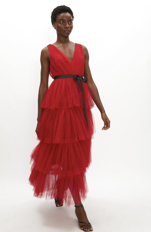 Mesh Tiered Skirt Midi Dress