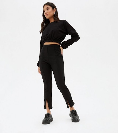 Petite Black Split Front High Waist Skinny Trousers