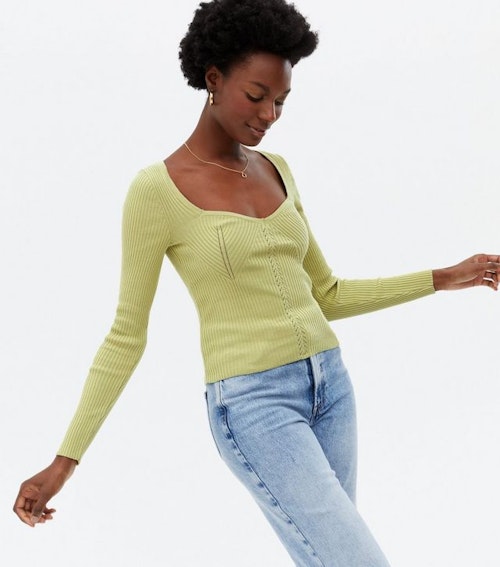 Light Green Ribbed Sweetheart Long Sleeve Jumper
