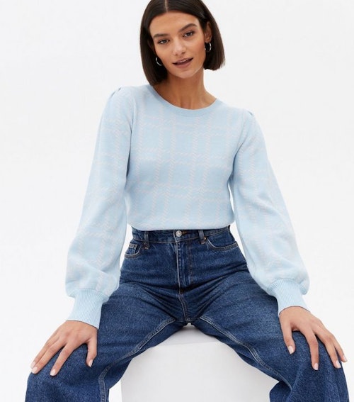 Blue Vanilla Pale Blue Check Puff Sleeve Sweatshirt