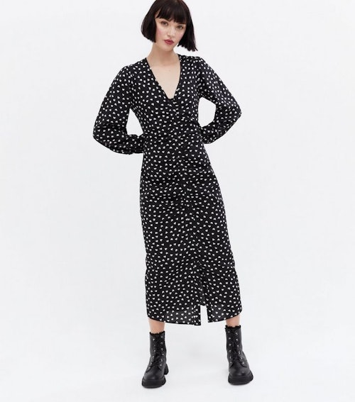 Black Heart Crepe Ruched Midi Dress
