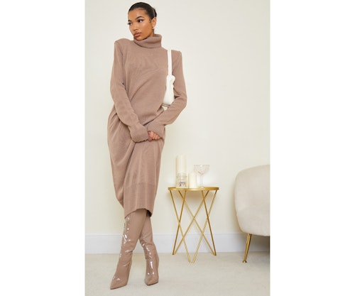 Camel Roll Neck Shoulder Pad Knitted Midi Jumper Dress