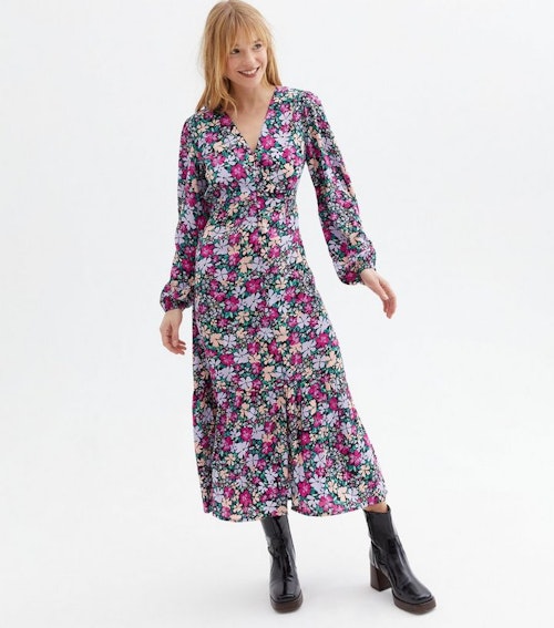 Purple Floral Button Front Tiered Midi Dress