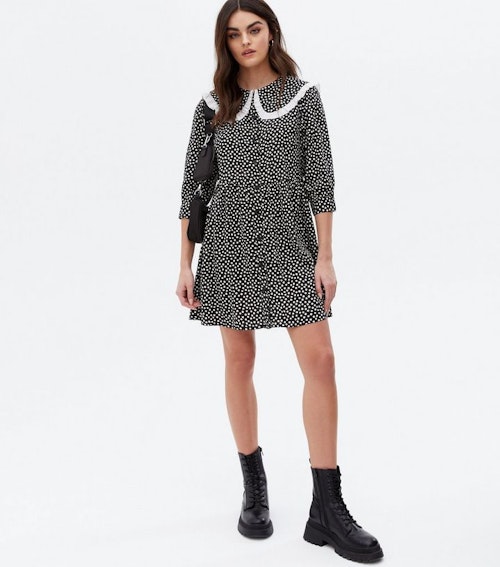 Black Spot Contrast Frill Collar Mini Dress