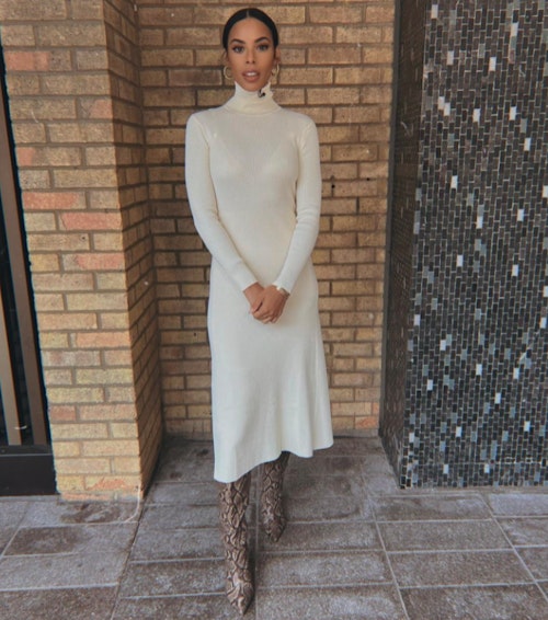 rochelle humes cream roll neck midi dress