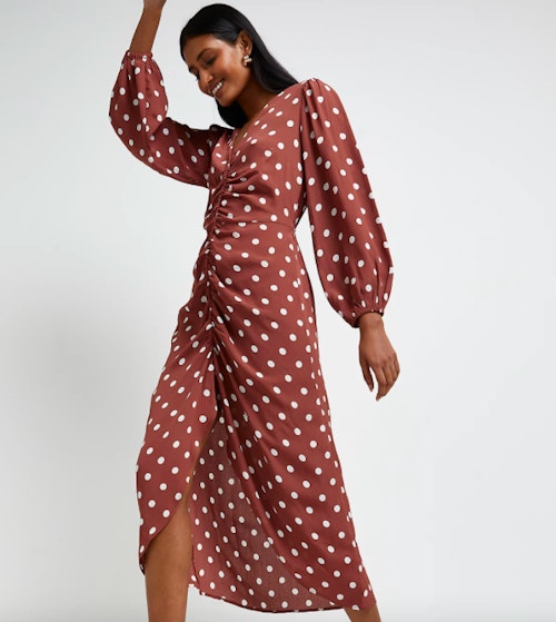 River Island, Brown Polka Dot Ruched Front Midi Dress, £46