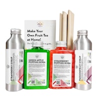 shot of all the products in the Tempo Strawberry & Passionfruit Syrup Bubble Fruit Tea Home Kit