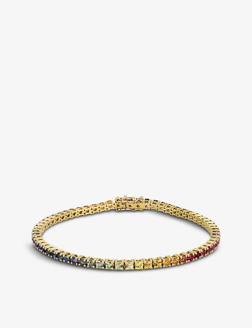 Best tennis bracelets Roxanne First, Rainbow Tennis Sapphire and 14ct Yellow Gold Bracelet, £3,500