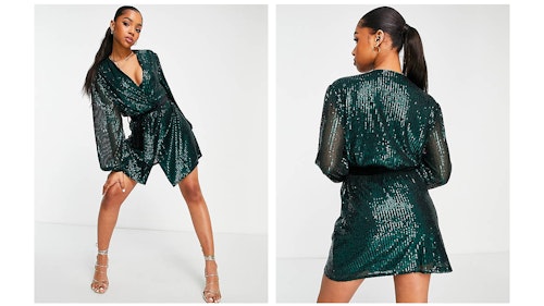 Style Cheat wrap sequin mini dress in emerald green