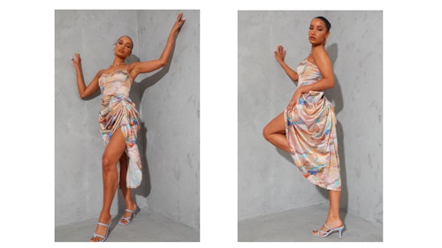 Multi marble print satin ruched skirt corset detail midi dress