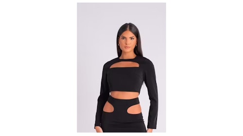 Long sleeved cutout crop top in black co-ord