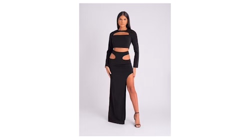 Maxi skirt with cut out and front split in black co-ord