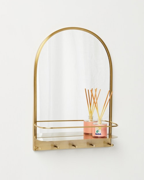 Oliver Bonas, Gold Metal Arch Mirror with Shelf & Hooks, £115