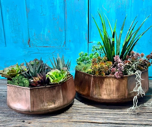 Set Of Two Old Copper Finish Geometric Bowls
