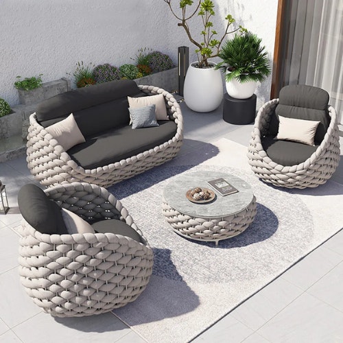 4 Pieces Textilene Rope Woven Outdoor Sectional Sofa Set with Removable Cushions