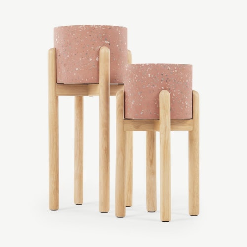 Hakuun Set Of Two Terrazzo Plant Pots With Rubberwood Legs