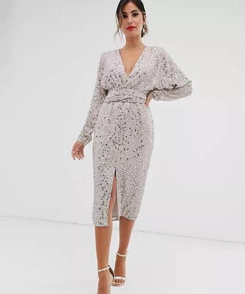 ASOS DESIGN midi dress with batwing sleeve and wrap waist in scatter sequin