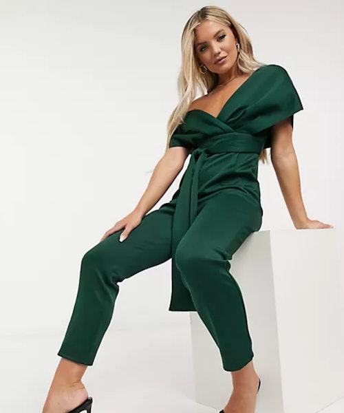 ASOS DESIGN fallen shoulder scuba jumpsuit in forest green