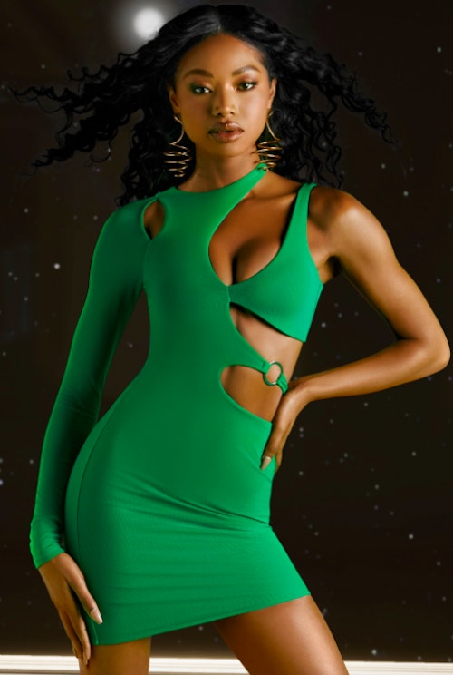 Asymmetric Cut Out Mini Dress in Green