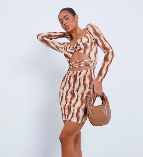 Chocolate Swirl Print Cut Out Dress With Tie Waist