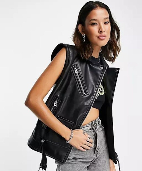 Topshop Faux Leather Oversized Sleeveless Biker Jacket In Black