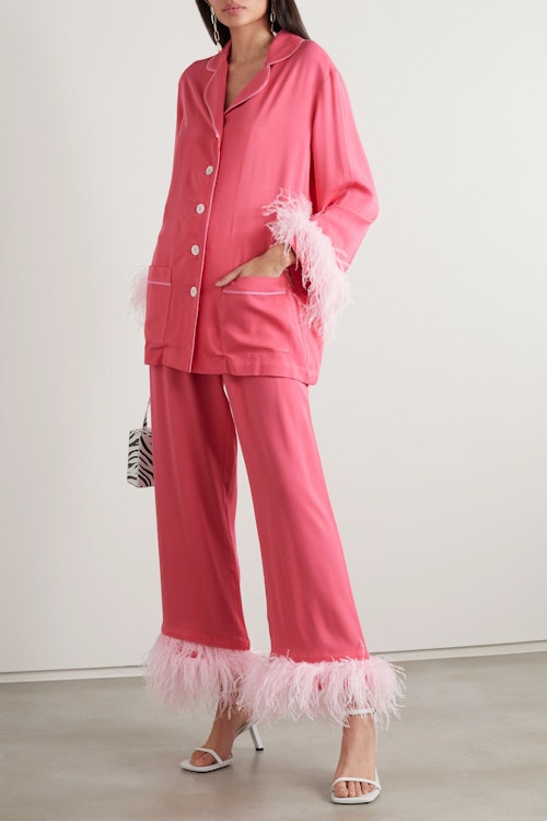 best going out trousers Sleeper, Feather Trim Crepe de Chine Pyjama Set, £265