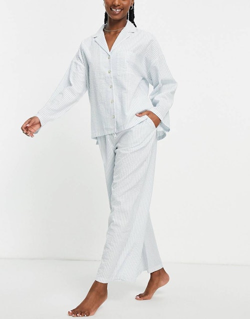 Best Womens pyjamas Lindex, Lindex Organic Cotton Seersucker Stripe Revere Top And Wide Leg Trouser Pyjama Set, £40