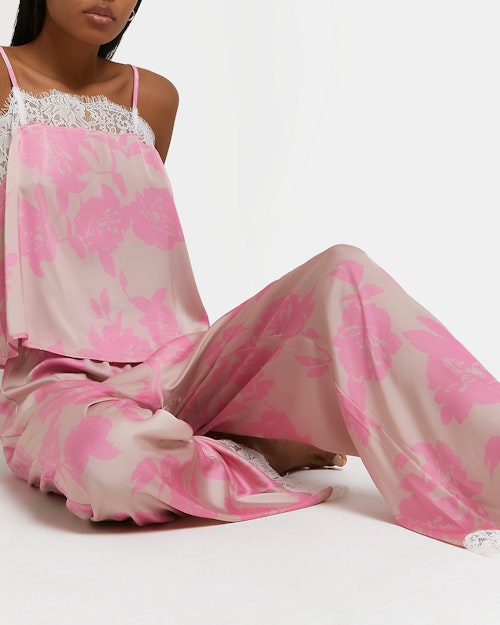 Best Womens pyjamas River Island, Pink Floral Satin Pyjama Set, £40