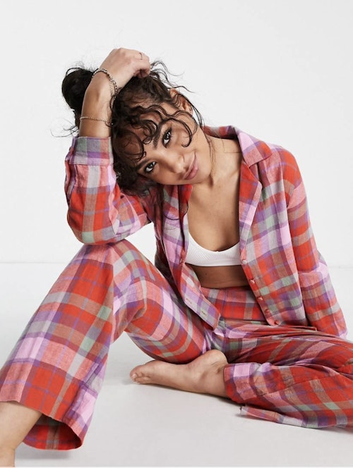 Best Womens pyjamas Pieces, Petite Long Sleeve Check Pyjama Set In Pink And Red, £40