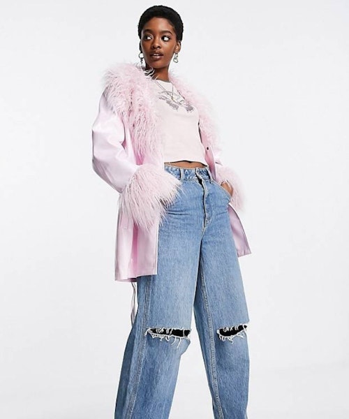 ASOS DESIGN Leather Look Fur Trimmed Mum Jacket