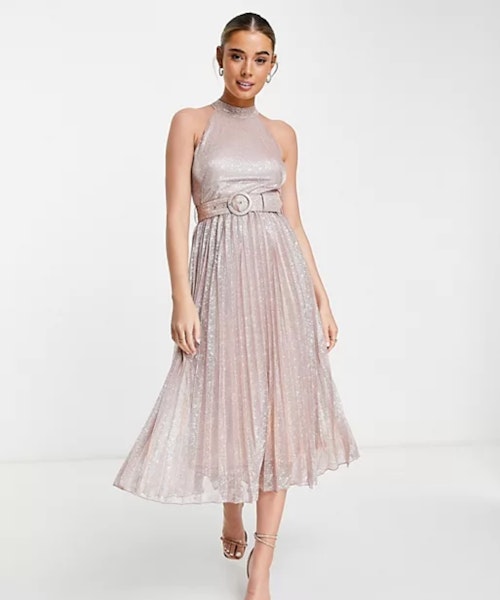 Style Cheat Metallic Belted Pleat Midi Dress in Rose Gold