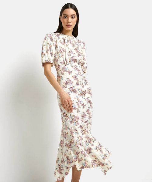 River Island Cream Floral Asymmetric Midi Dress